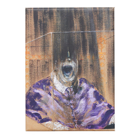 A magnet of an abstract man in purple, in a box where it looks like he is screaming.