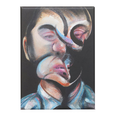 An abstract face of a man in blues, pinks, beiges and black.