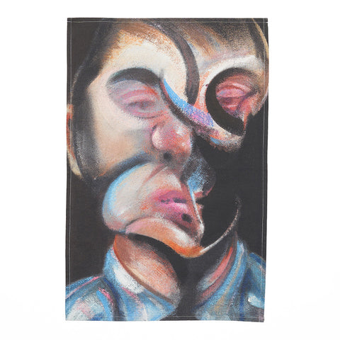 A rectangular tea towel featuring an abstract painting of a self-portrait of Francis Bacon's face in swirls of coloured paint.