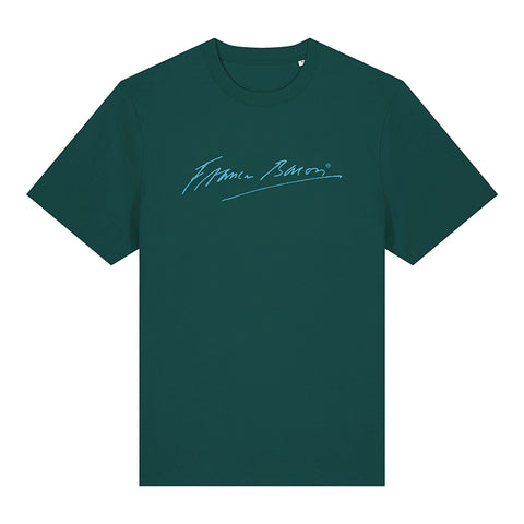 A green t-shirt with Francis Bacon's signature in blue in the centre. 