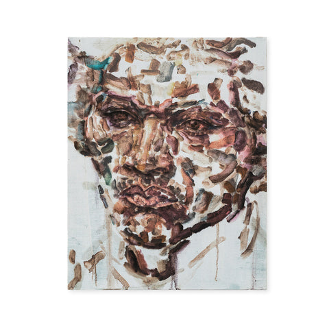 A close up painting of Frederick Douglass' face in brown mixed colour brush strokes.
