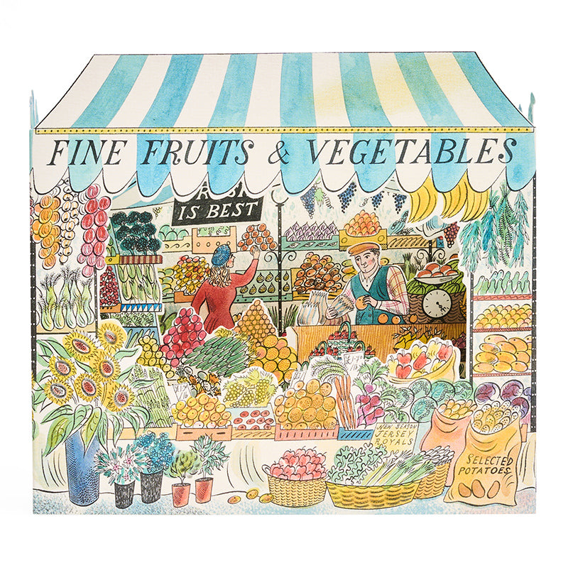 Front view of a 3d greetings card of an illustrated greengrocers stall with drawings of fruit, vegetables and the owner serving a customer inside.