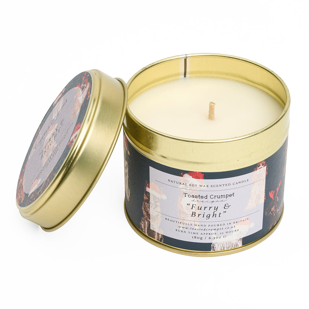 Furry and bright candle matt gold tin open