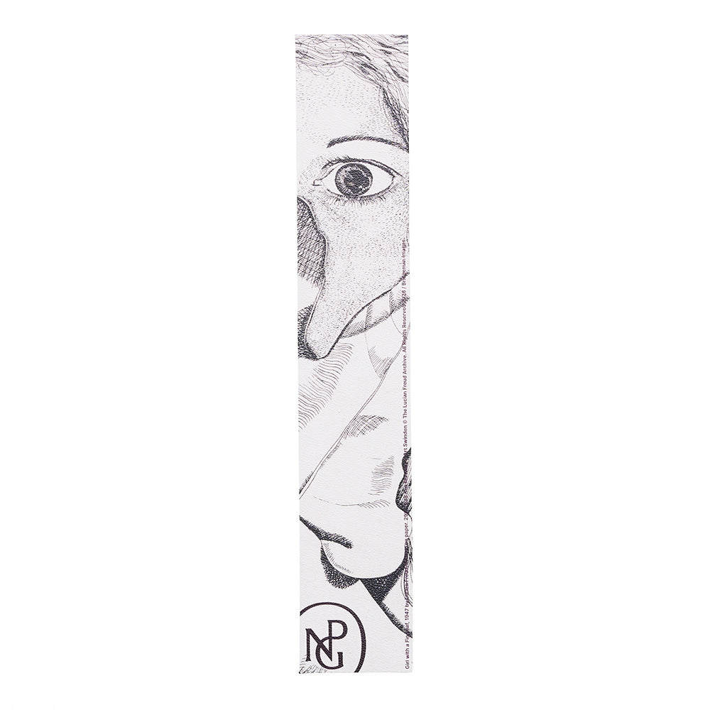 Black and white sketch of a face on a leather bookmark with npg monogram against a white background.