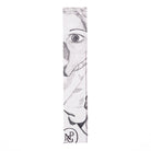 Black and white sketch of a face on a leather bookmark with NPG monogram against a white background.