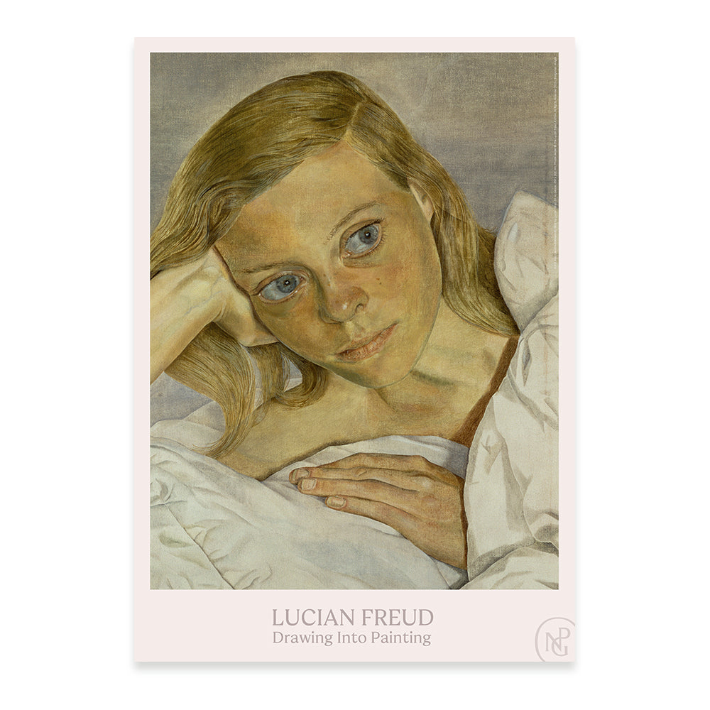 A2 poster with a painting of a woman in bed resting her head on her hand, with the text 'lucian freud drawing into painting'. 