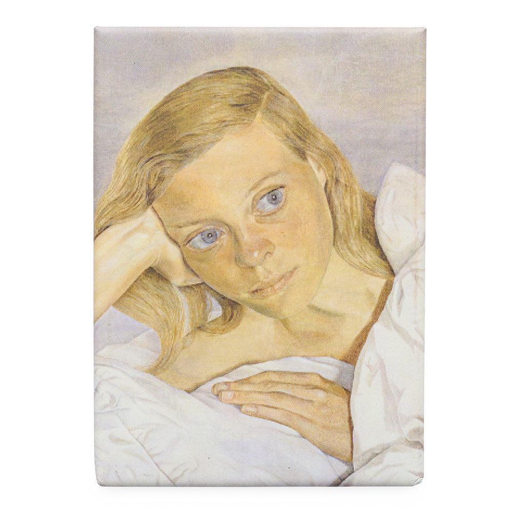 Magnet featuring an illustration of a young girl with blonde hair in bed.
