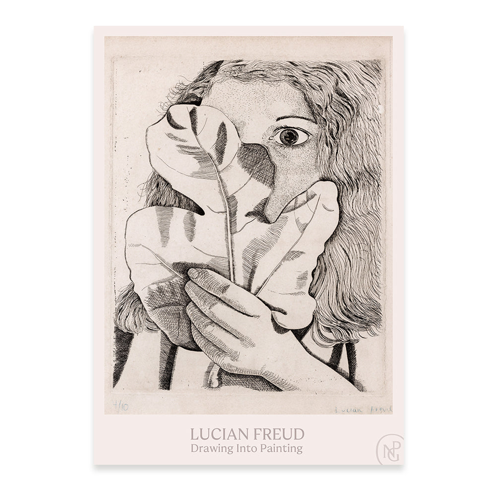 A black line drawing of a girl hiding behind a fig leaf with the text 'lucian freud, drawing into painting' below.