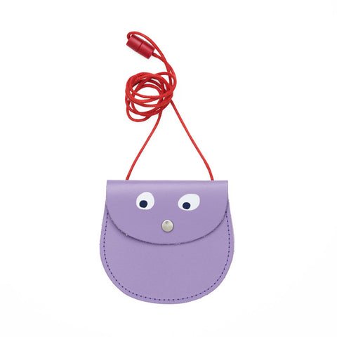 Purple pocket purse with strap featuring printed googly eye design . 