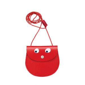 Red pocket purse with strap featuring printed googly eye design . 