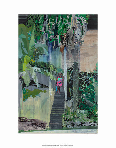 Mini print of a painting featuring a woman in a dress walking down steps surrounded by trees.