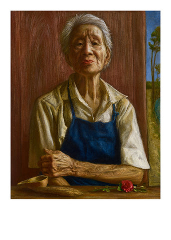 A painting featuring a portrait of an older woman in denim apron in front of a wooden table with a rose.