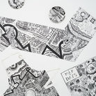Black and white map illustrated homeware items on a white background