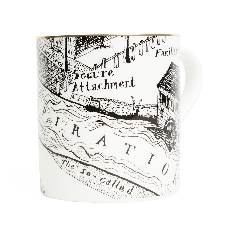 Front view of ceramic mug with black and white map illustration against a white background.