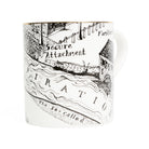 Front view of ceramic mug with black and white map illustration against a white background.