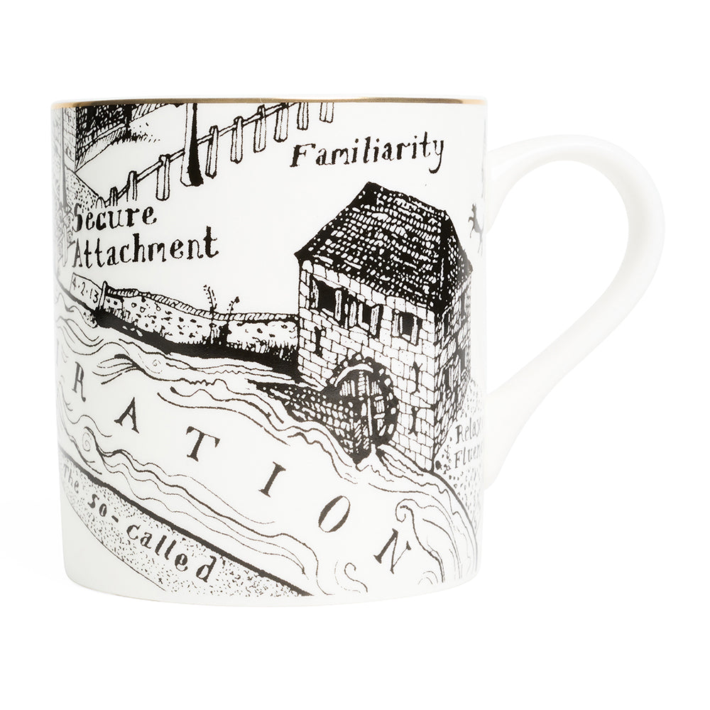 White mug with black and white map  illustrations and text on a white background.
