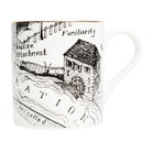 White mug with black and white map  illustrations and text on a white background.