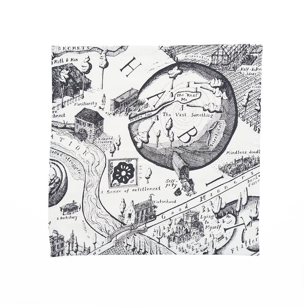Square napkin with black and white map illustration against a white background.