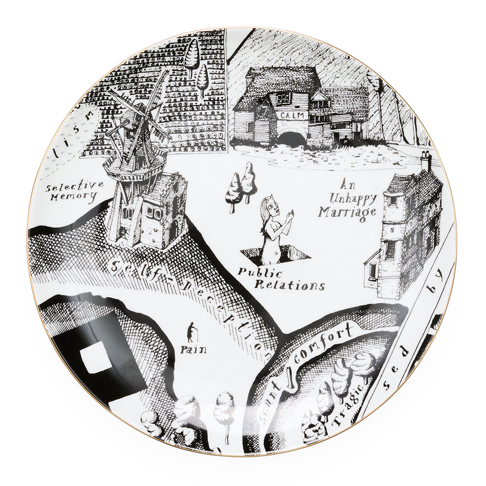 Ceramic plate with black and white illustrations and text with an outer gold rim. 