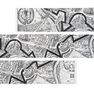 Black and white illustrated map design on a table runner against a white background.
