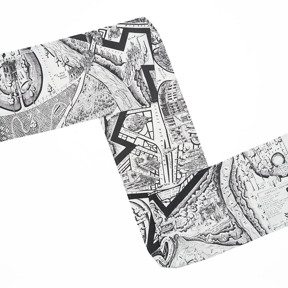 Black and white map illustrated table runner on a white background