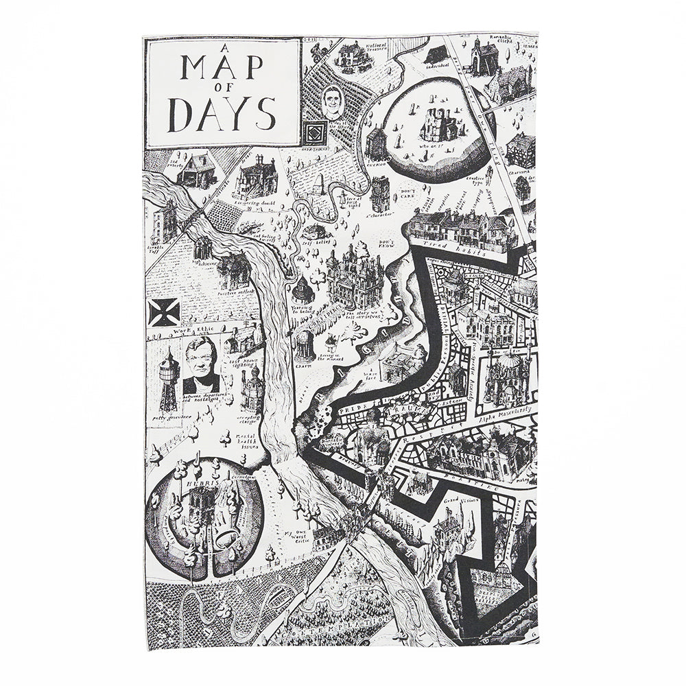 Tea towel with a black and white map illustration and 'a map of days' text on a white background