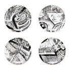 Set of four black and white plates with map illustrations on a white background