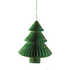A 3D hanging green Christmas tree decoration made of honeycomb paper with gold dots. 