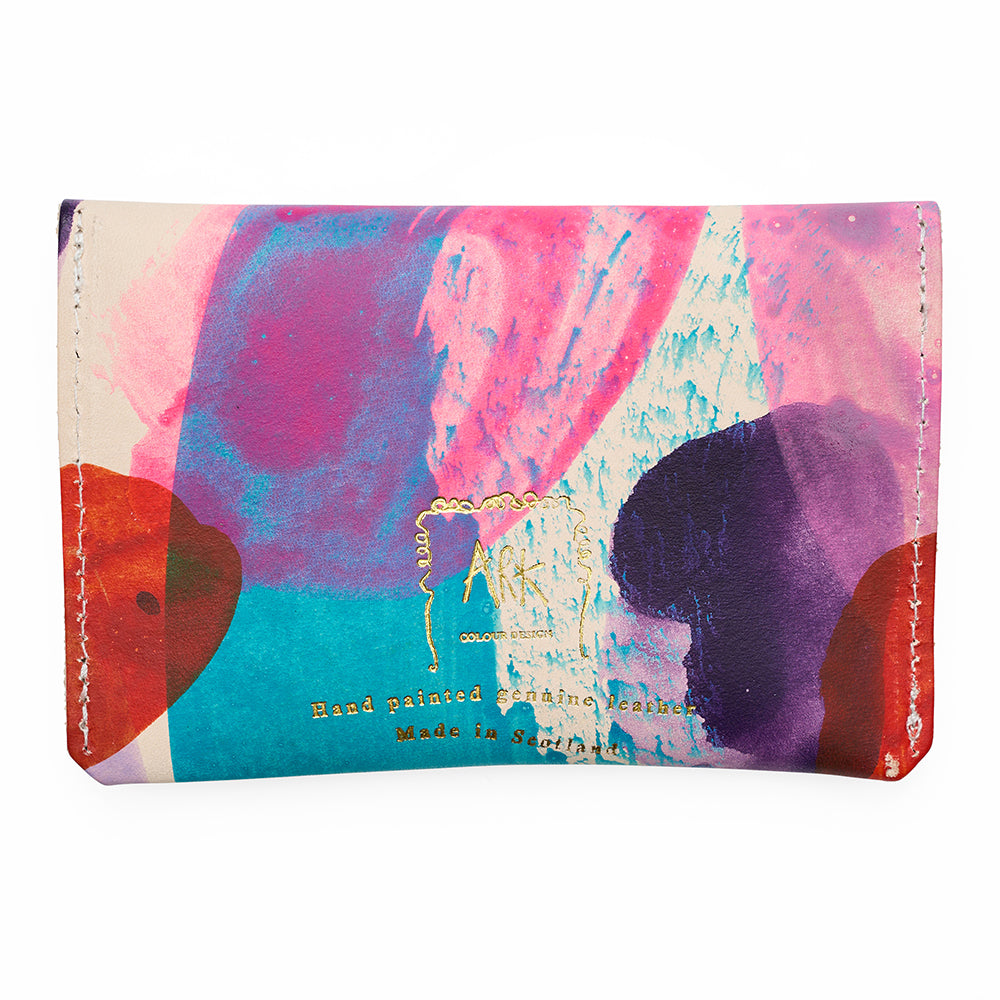 Colorful abstract wallet with gold ark branding design on a white background