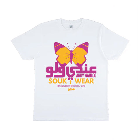 White T-shirt featuring a bold orange and purple butterfly graphic.