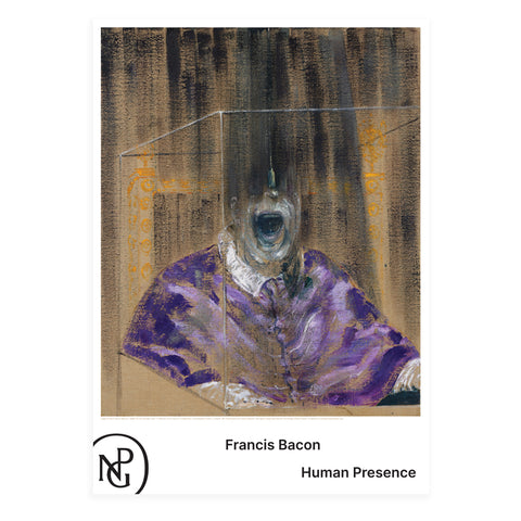 A poster with the NPG monogram and title 'Francis Bacon Human Presence' featuring an abstract painting of a man in purple clothing whose face is blurred. 