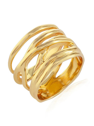 Large gold ring with webbing like design, leaving gaps in the ring. 