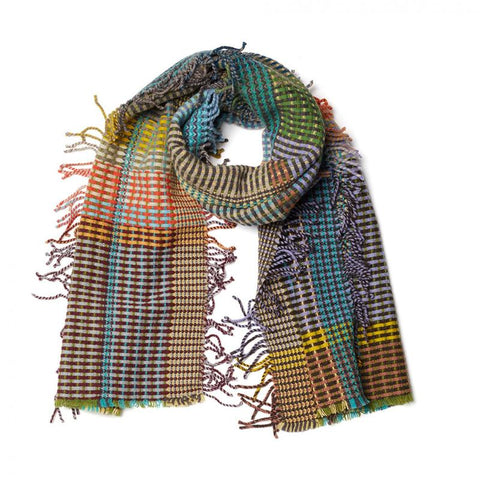 A multicoloured wrap with fringes off the side. 