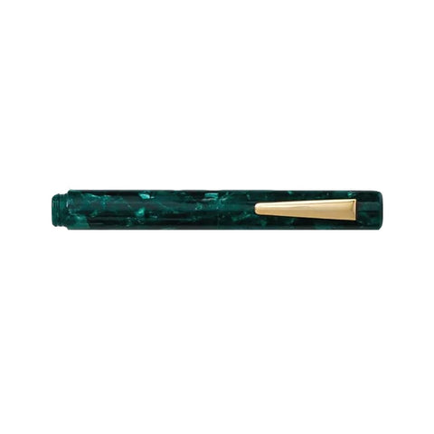 Green marbled fountain pen with lid and gold hardware.