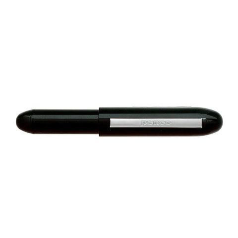 Short bullet shaped pen with lid in black colour.