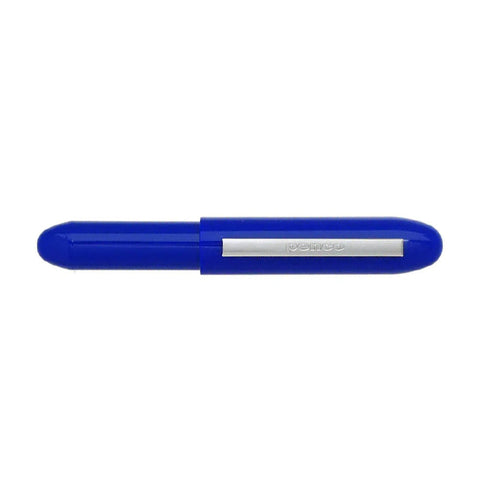 Short bullet shaped pen with lid in blue colour.