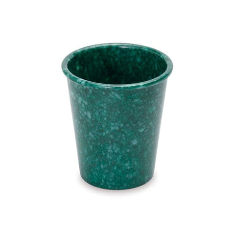 Cup shaped pen pot in marbled green pattern.