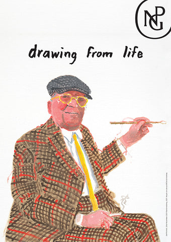 A2 white poster featuring a self portrait painting of David Hockney with the exhibition title 'drawing from life' and National Portrait Gallery logo.