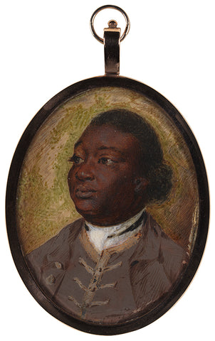 Oval painted portrait of Ignatius Sancho in 18th century attire.