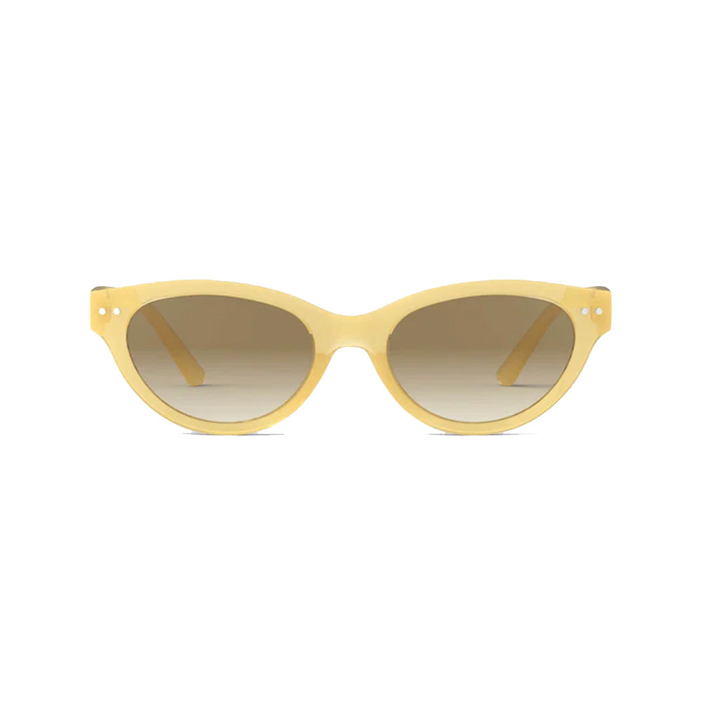 Yellow sunglasses with brown lenses on a white background