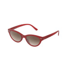 Side view of red sunglasses with a white background