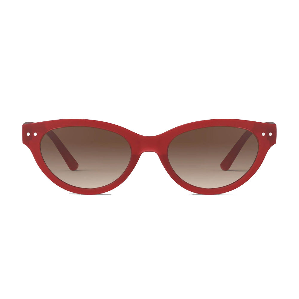 Red sunglasses with brown gradient lenses on a white background