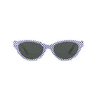 Blue and white chequered sunglasses against a white background