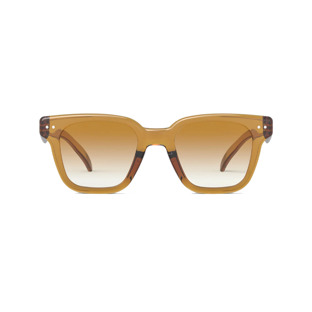 A pair of light brown sunglasses against a white background