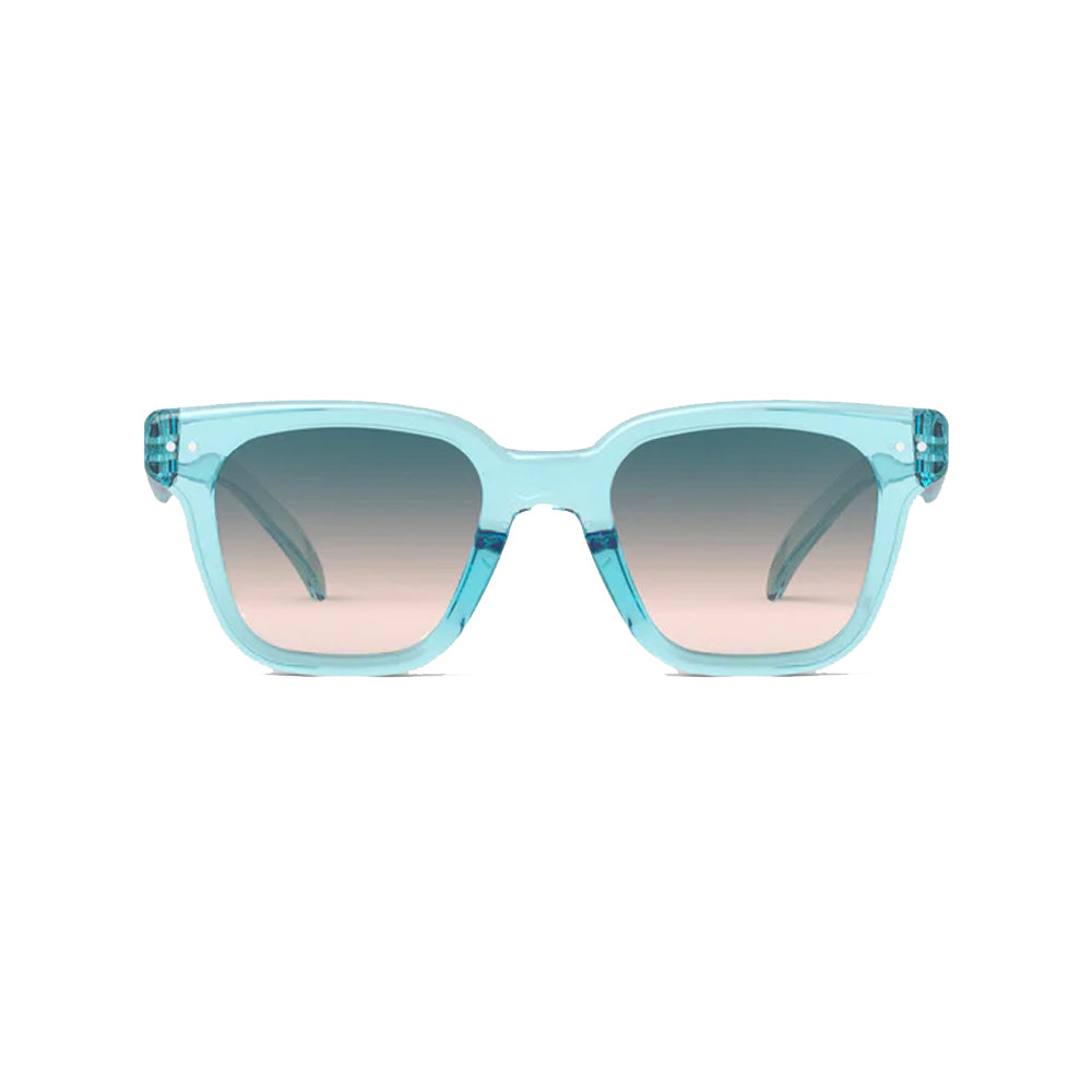 A pair of turquoise sunglasses against a white background
