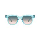 A pair of turquoise sunglasses against a white background