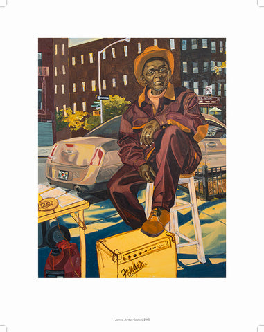 A painting of a man sitting on stool in a hat with his foot on an amplifier against a city backdrop.