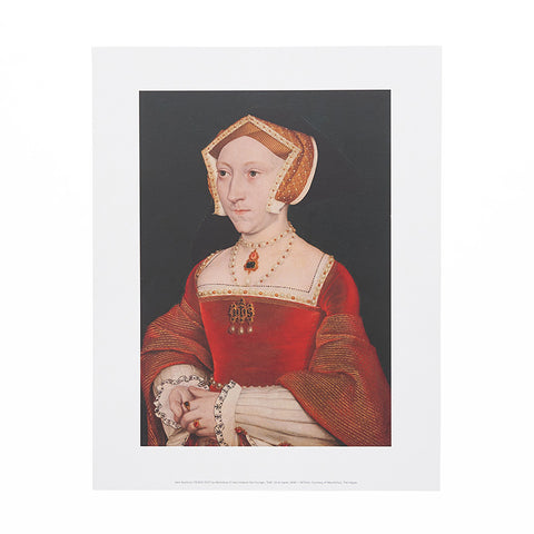 A mini print with a portrait of Jane Seymour in a lavish red and gold dress against a blue background.
