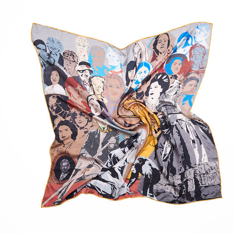 Square silk scarf with yellow edging featuring a collage of female portraits.
