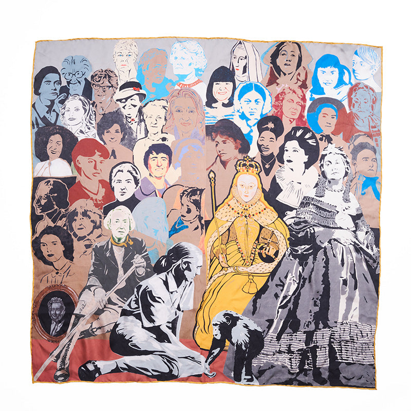 Flat view of square silk scarf with yellow edging featuring a collage of female portraits.
